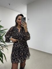 Mc 5088 Siyah Gipe Detaylı Şifon Elbise