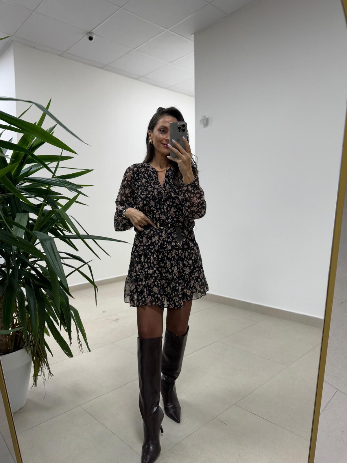 Mc 5088 Siyah Gipe Detaylı Şifon Elbise