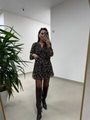 Mc 5088 Siyah Gipe Detaylı Şifon Elbise