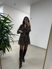 Mc 5088 Siyah Gipe Detaylı Şifon Elbise