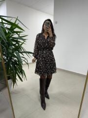 Mc 5088 Siyah Gipe Detaylı Şifon Elbise