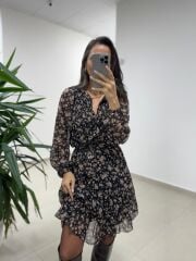 Mc 5088 Siyah Gipe Detaylı Şifon Elbise