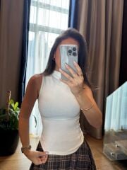 İv 24131 Dik Yaka Pamuklu Kolsuz Ekru Bluz