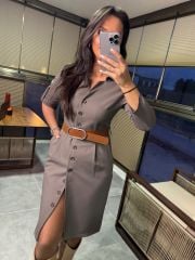 Ms 2029 Vizon Kahve Kemerli Elbise