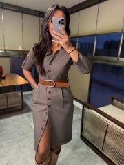 Ms 2029 Vizon Kahve Kemerli Elbise