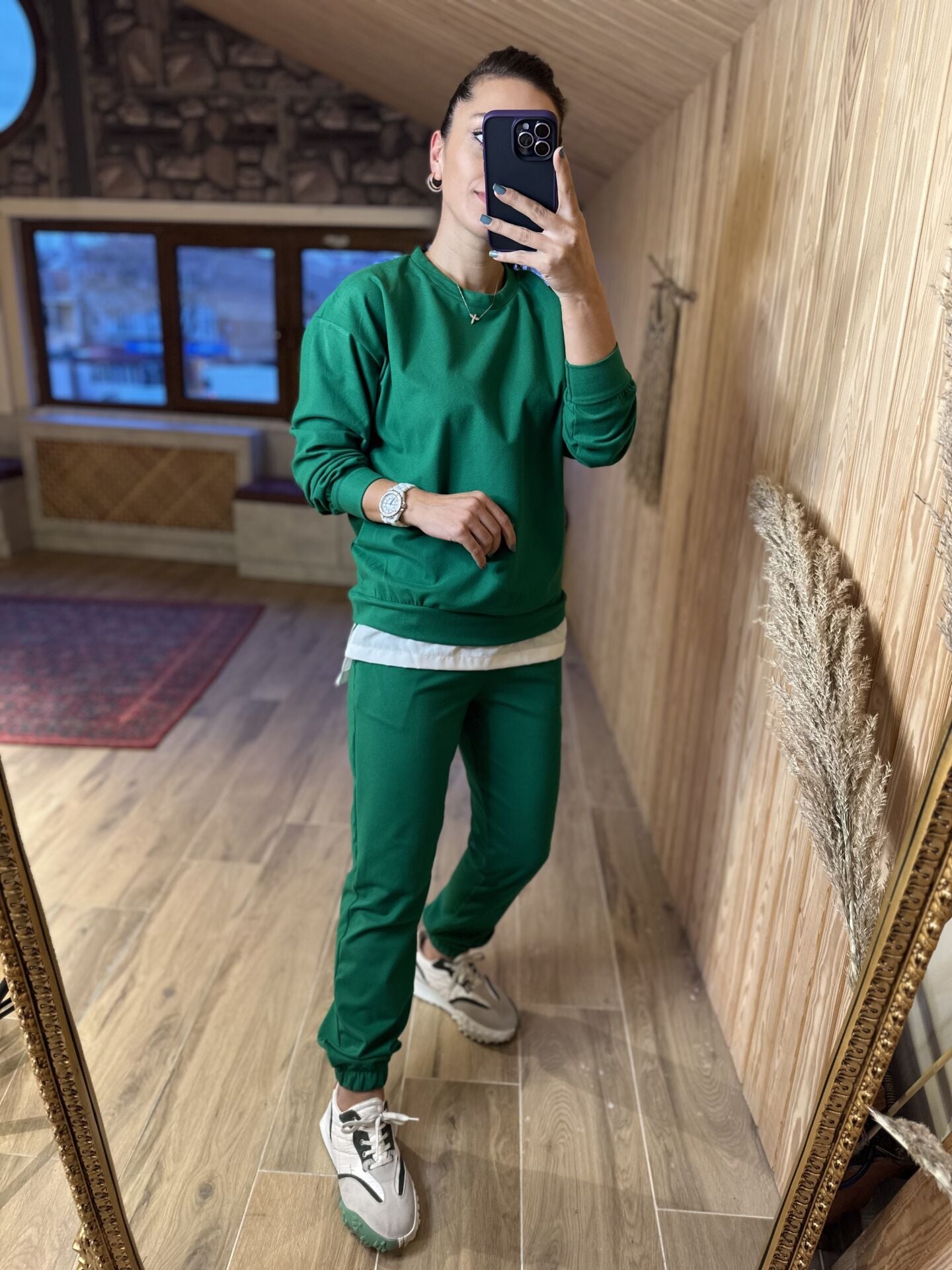 Poplin detaylı yeşil takım