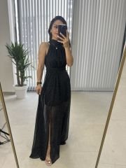 Halter yaka şifon tasarım siyah elbise