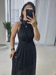 Halter yaka şifon tasarım siyah elbise