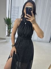 Halter yaka şifon tasarım siyah elbise