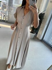 Np 6002 Bej Yarasa Kollu Pileli Elbise