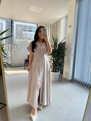 Np 6002 Bej Yarasa Kollu Pileli Elbise