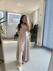 Np 6002 Bej Yarasa Kollu Pileli Elbise