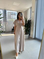 Np 6002 Bej Yarasa Kollu Pileli Elbise