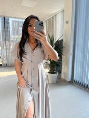 Np 6002 Bej Yarasa Kollu Pileli Elbise