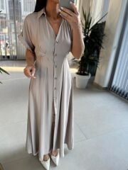 Np 6002 Bej Yarasa Kollu Pileli Elbise