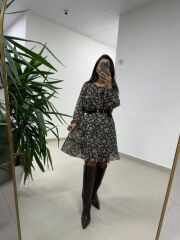 Mc 5088 Kahve Gipe Detaylı Şifon Elbise