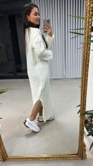 Krem Saç Örgü Triko Elbise