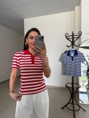 İv 0286 Kırmızı-Beyaz Çizgili Polo Yaka Tişört
