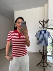 İv 0286 Kırmızı-Beyaz Çizgili Polo Yaka Tişört