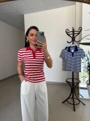 İv 0286 Kırmızı-Beyaz Çizgili Polo Yaka Tişört