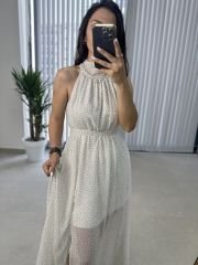 Halter yaka şifon tasarım beyaz elbise