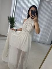 Halter yaka şifon tasarım beyaz elbise