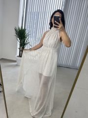 Halter yaka şifon tasarım beyaz elbise