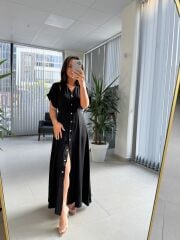 Pr 6002 Siyah Yarasa Kollu Pileli Elbise