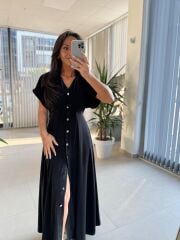 Pr 6002 Siyah Yarasa Kollu Pileli Elbise