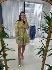 My 3256 Yağ Yeşili Tasarım Şifon Elbise