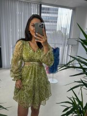 My 3256 Yağ Yeşili Tasarım Şifon Elbise