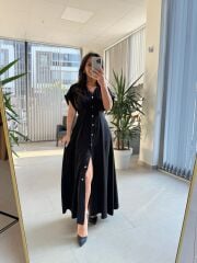 Pr 6002 Siyah Yarasa Kollu Pileli Elbise