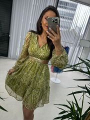 My 3256 Yağ Yeşili Tasarım Şifon Elbise