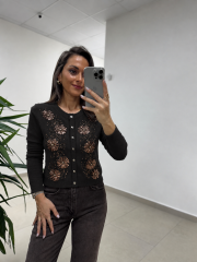 Po 2720 A.Kahve Yün İşlemeli Hırka