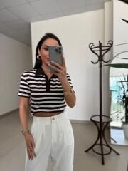İv 0286 Kahve-Beyaz Çizgili Polo Yaka Tişört
