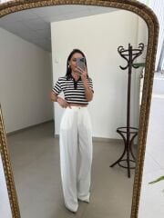 İv 0286 Kahve-Beyaz Çizgili Polo Yaka Tişört