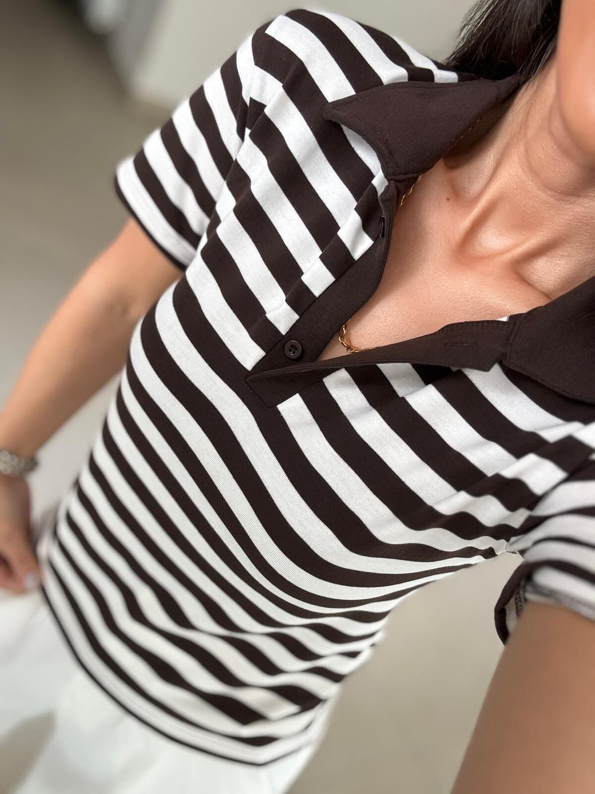 İv 0286 Kahve-Beyaz Çizgili Polo Yaka Tişört