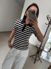İv 0286 Kahve-Beyaz Çizgili Polo Yaka Tişört
