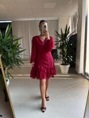 Mc 5567 Düğme Detaylı Bordo Şifon Elbise