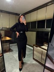 My 3625 Omuz Vatkalı Siyah Simli Kemerli Elbise