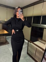 My 3625 Omuz Vatkalı Siyah Simli Kemerli Elbise