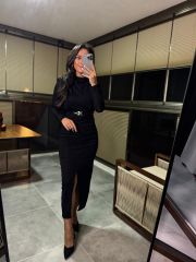 My 3625 Omuz Vatkalı Siyah Simli Kemerli Elbise