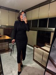 My 3625 Omuz Vatkalı Siyah Simli Kemerli Elbise