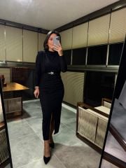 My 3625 Omuz Vatkalı Siyah Simli Kemerli Elbise