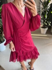 Mc 5567 Düğme Detaylı Bordo Şifon Elbise