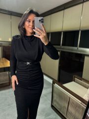 My 3625 Omuz Vatkalı Siyah Simli Kemerli Elbise