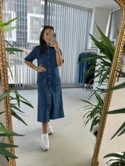 Dr Düğme Detaylı Denim Elbise