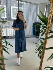 Dr Düğme Detaylı Denim Elbise