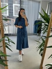 Dr Düğme Detaylı Denim Elbise