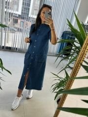 Dr Düğme Detaylı Denim Elbise